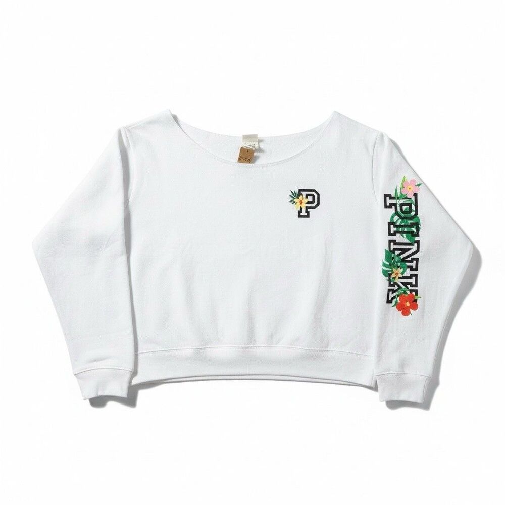VS PINK White Cropped Sweatshirt Tropical Floral Logo XL New with Tags